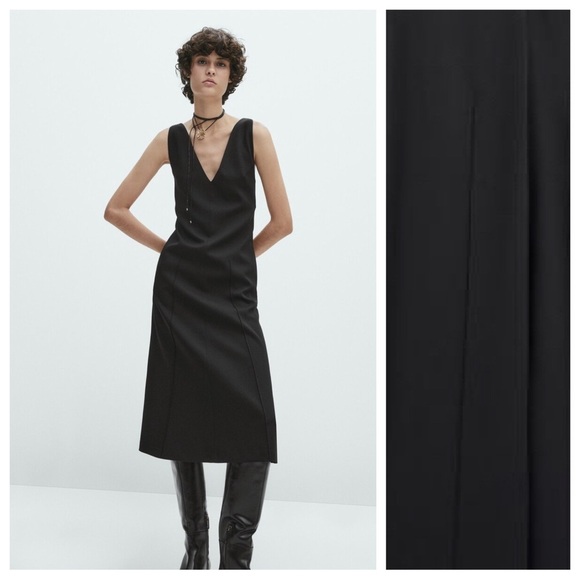 NWOT. Massimo Dutti Casual Style Black V-Neck Midi Dress with Strap. Size L. - Picture 1 of 12